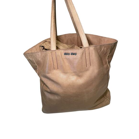 MIU MIU Vitello Leather Tote Brown Tan Large Travel Bag Tote - Picture 4 of 17